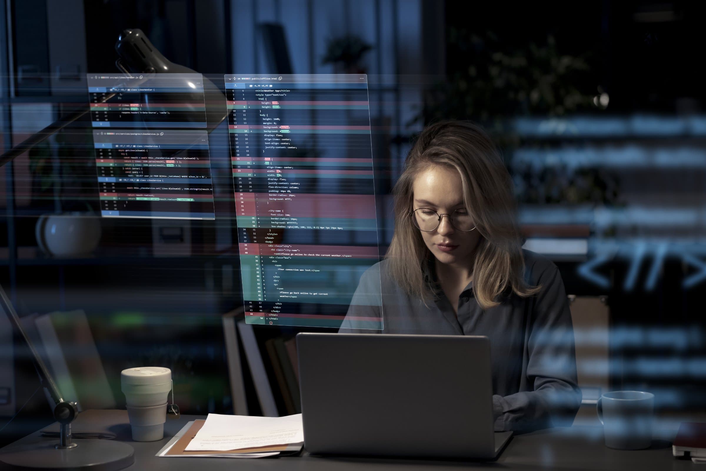 Security analyst working at a laptop in front of code screens